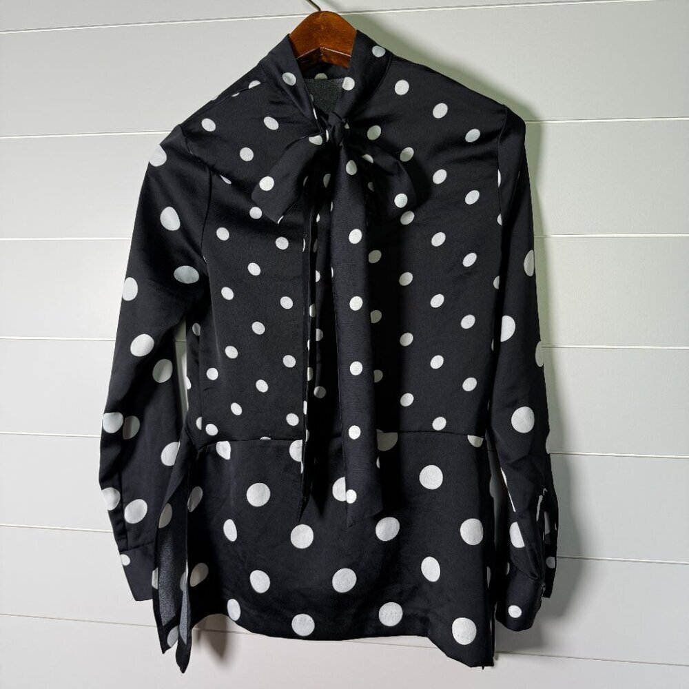 H & M Tie in Back Long Sleeve Black & White Polka-Dot Blouse- Sz 6 - Picture 5 of 9